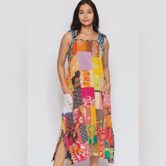 Reversible Kantha Cotton Handmade Vegan ECO Friendly bohemian Patchwork Dress - Picture 4 of 6